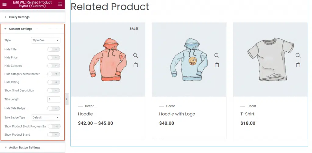 Woolentor related product content settings