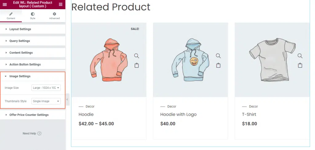 Woolentor related product image settings