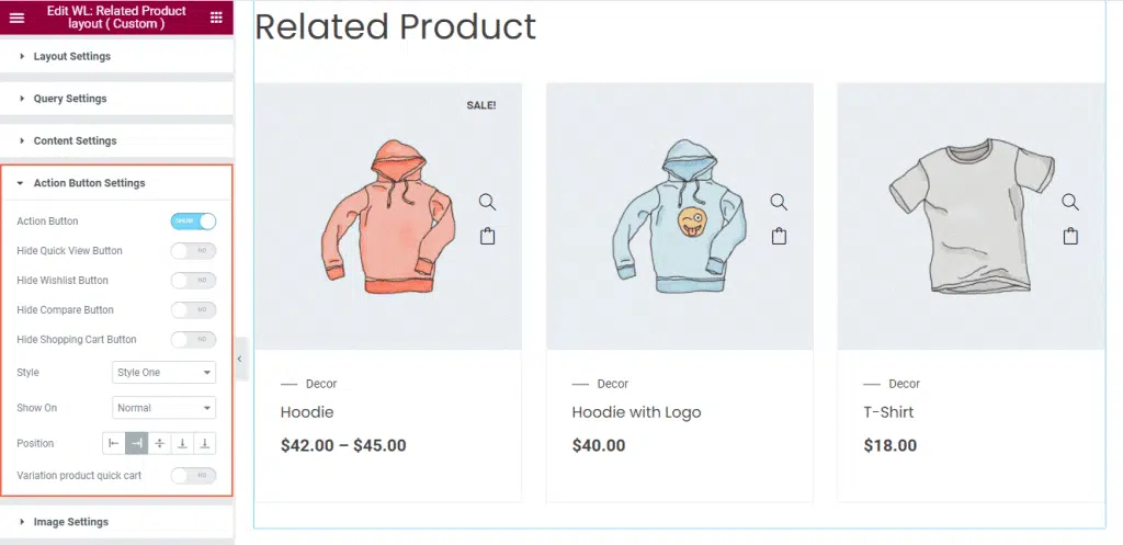 Woolentor related product layout action button settings