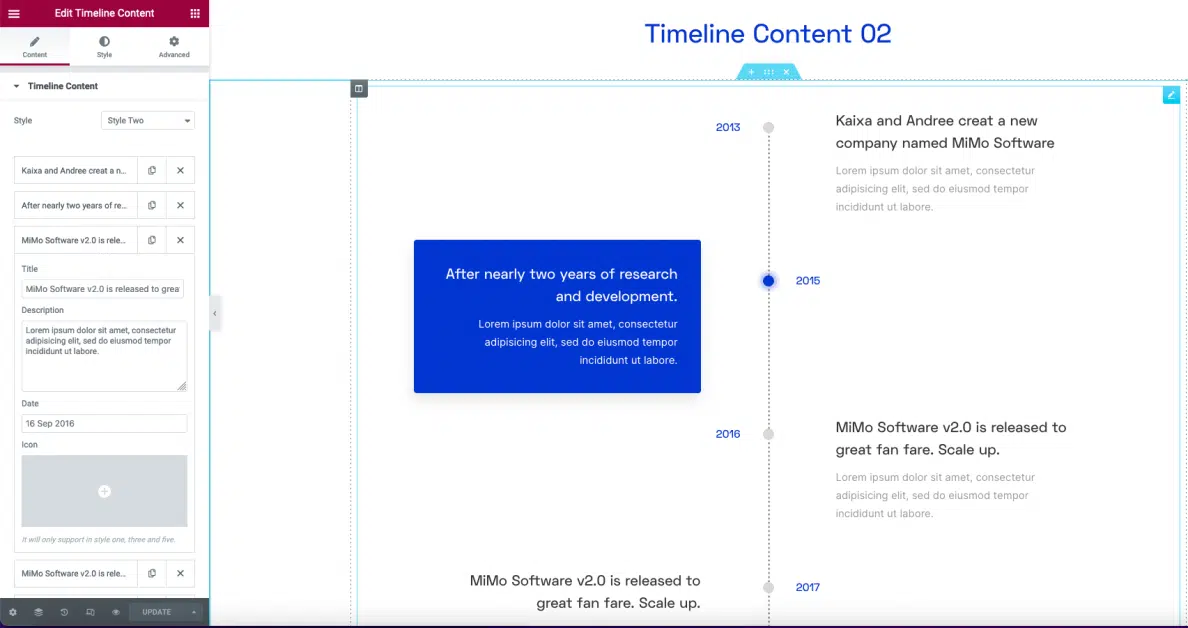 move addons elementor timeline widget settings