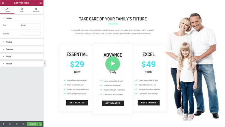 Elementor Pricing Table Widget