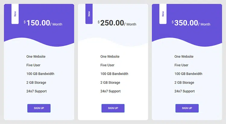 Pricing Table widget for Elementor website