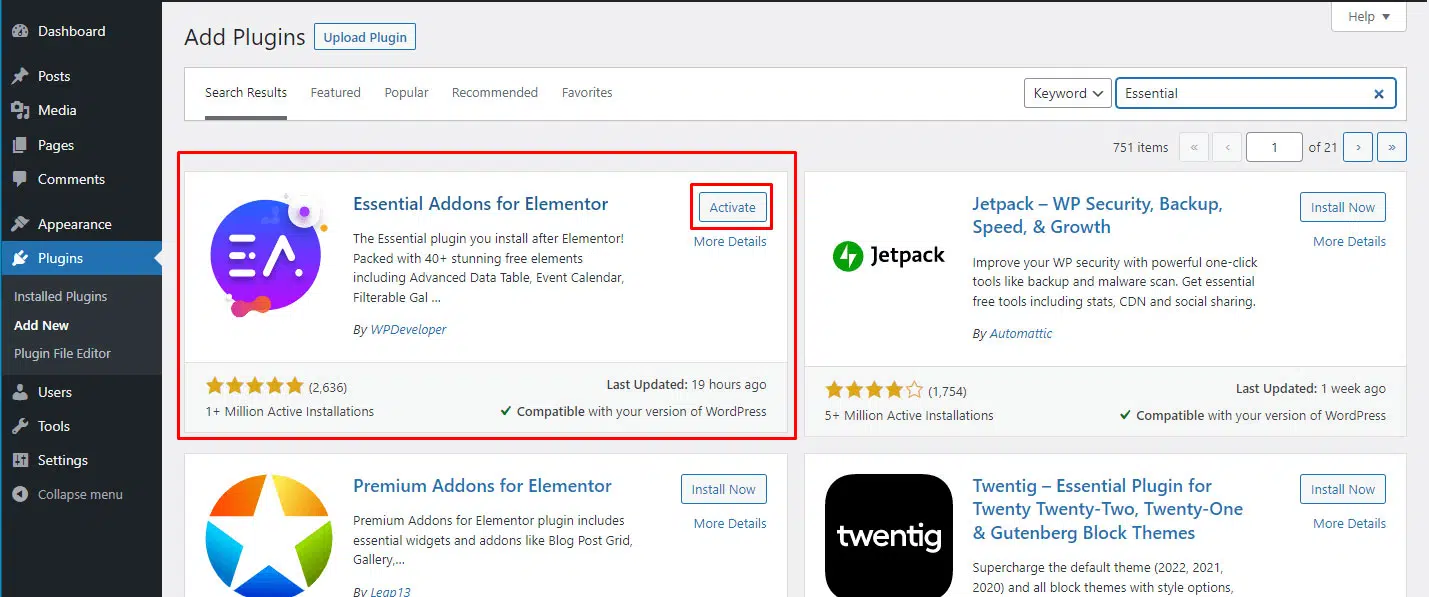 essential addons active plugins