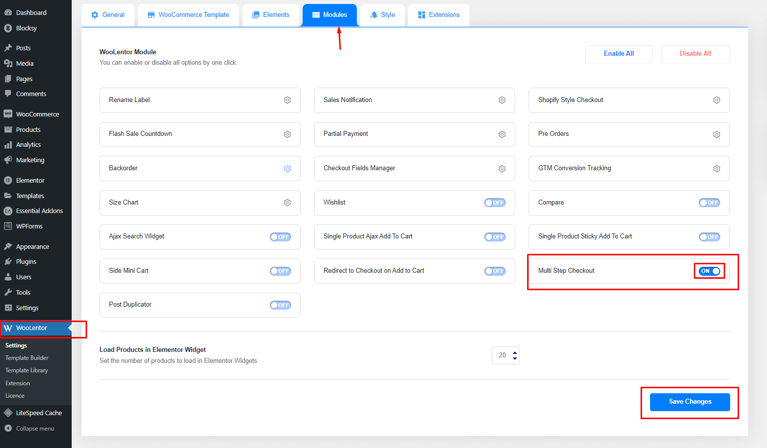 WooLentor  Plugin Multi-Step Checkout Module Enable 