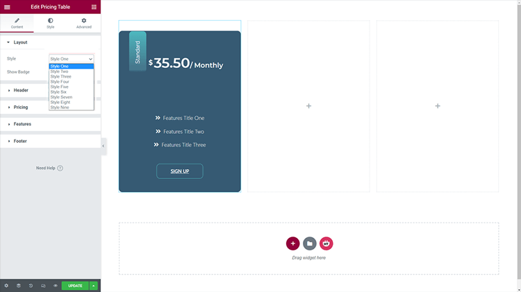 Customize the Pricing Table Widget- Select Layout 
