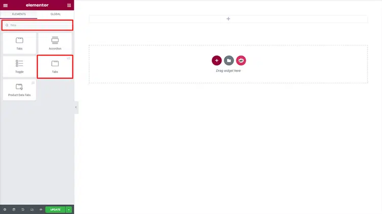 Drag & Drop the HT Mega Tabs widget onto your Page Template.