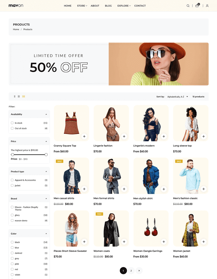 Mavon Shopify Theme Product filtering and sorting