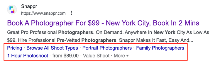the example of rich snippet for photography services