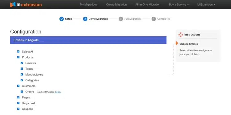 choose entities to migrate from Shopify to WooCommerce