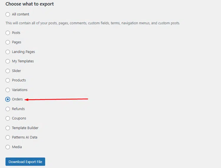 Select Orders Option