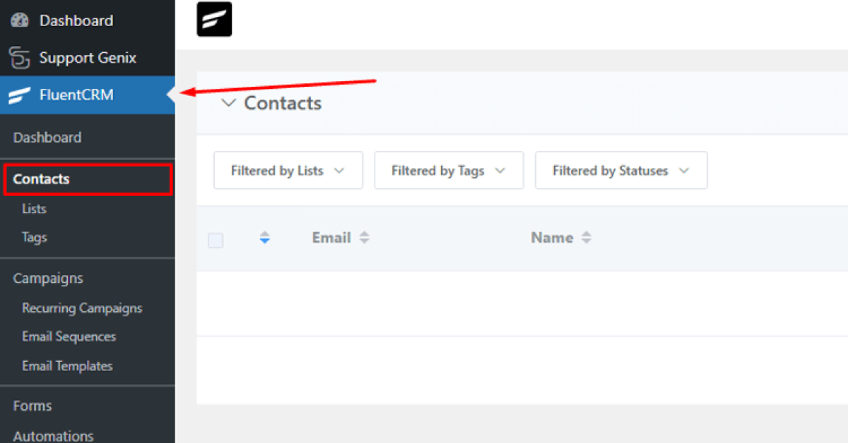 Go to Contents in Fluent CRM