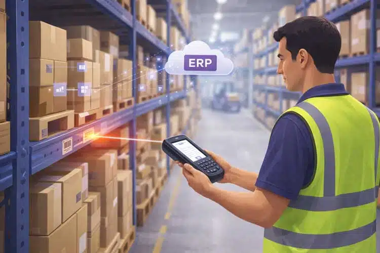 Warehouse worker scanning barcode with ERP system