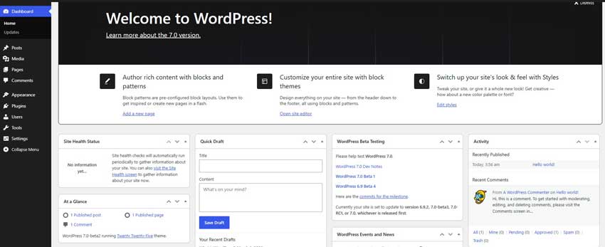 WordPress 7.0 Beta 2 Dashboard
