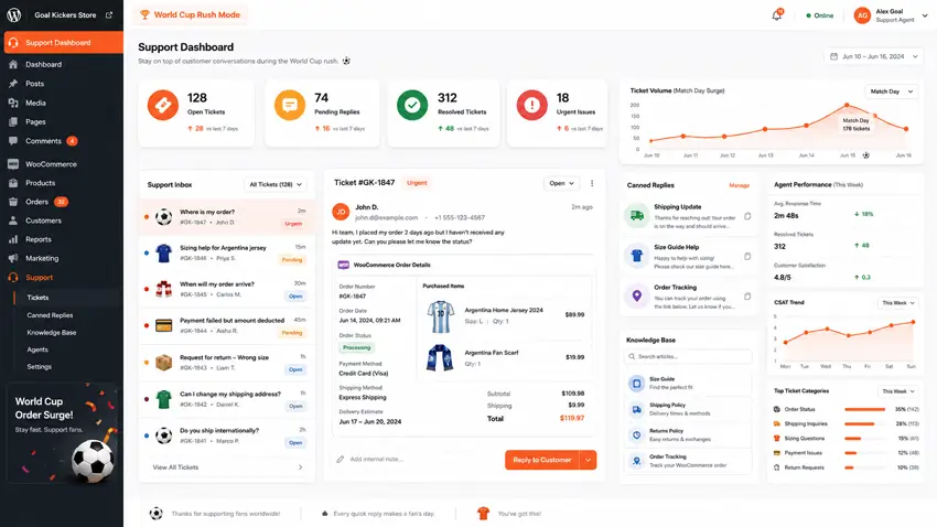 WooCommerce customer support ticket system for World Cup order surge