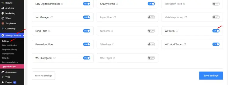 Enabling the WP Form widget in HT Mega settings