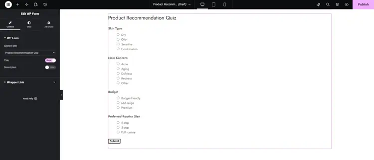 WooCommerce quiz recommendation result page