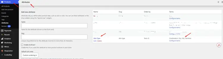 WooCommerce global attribute setup for skin type