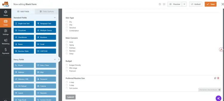WPForms quiz question fields in the form builder