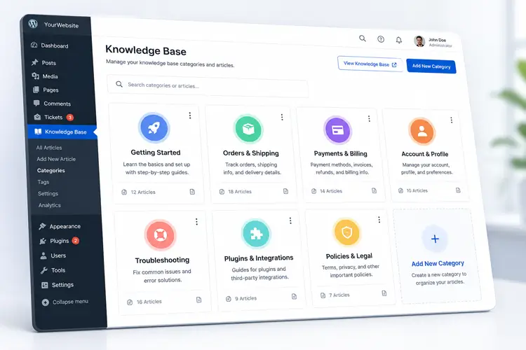 WordPress dashboard interface showcasing knowledge base