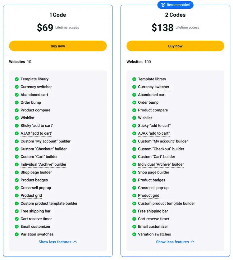 ShopLentor Pricing Plan with Features