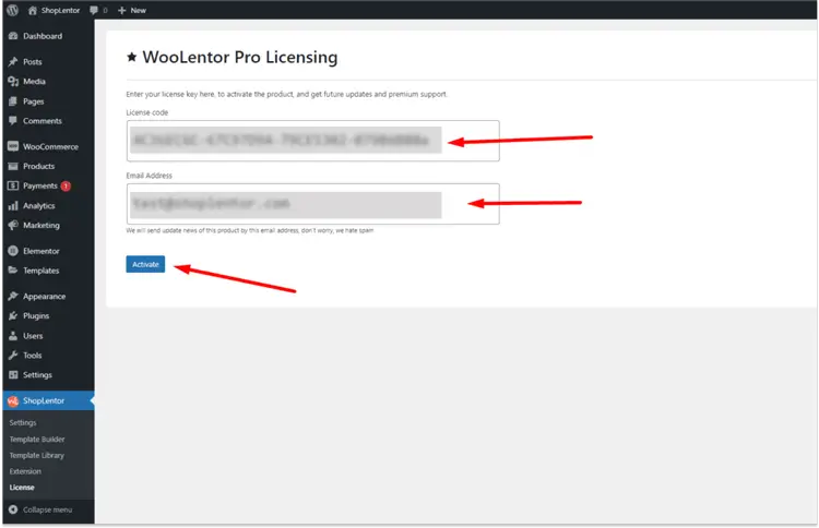 Paste the License Code and click on "Activate"