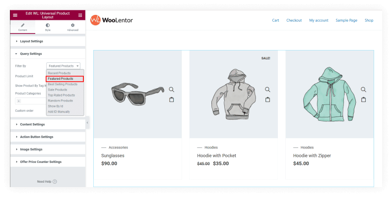 Select the Featured Products from the filter by selecting the option
