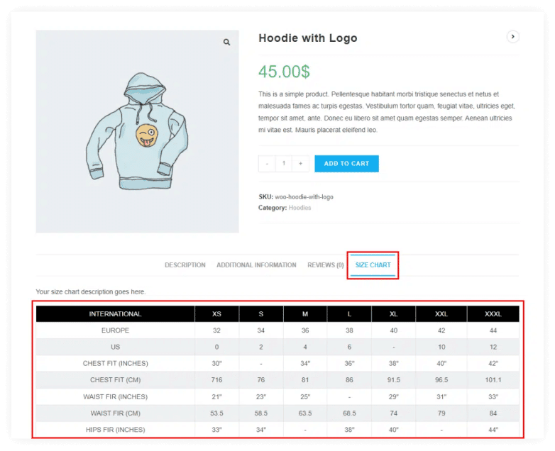Test the Product with Size Chart Module Enabled
