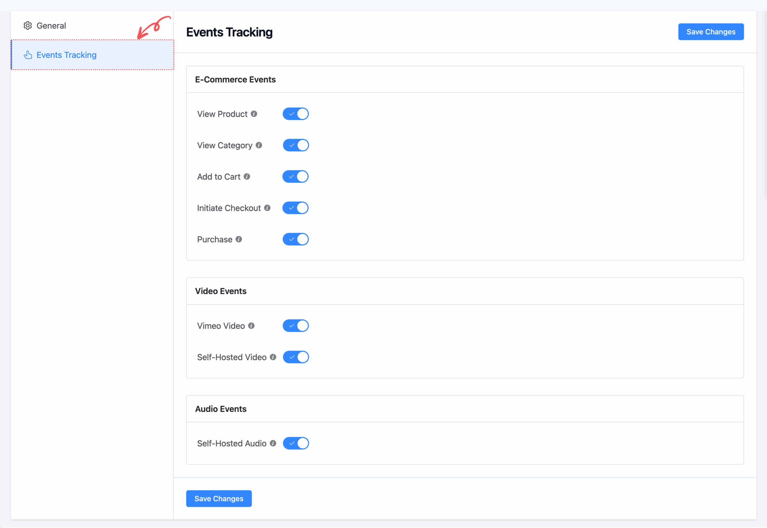 Screenshot of the HT Easy GA4 plugin's "Events Tracking" tab with a red arrow pointing to the selected "Events Tracking" menu item. The interface displays toggles for E-Commerce, Video, and Audio event tracking options such as View Product, Add to Cart, Vimeo Video, and Self-Hosted Audio.