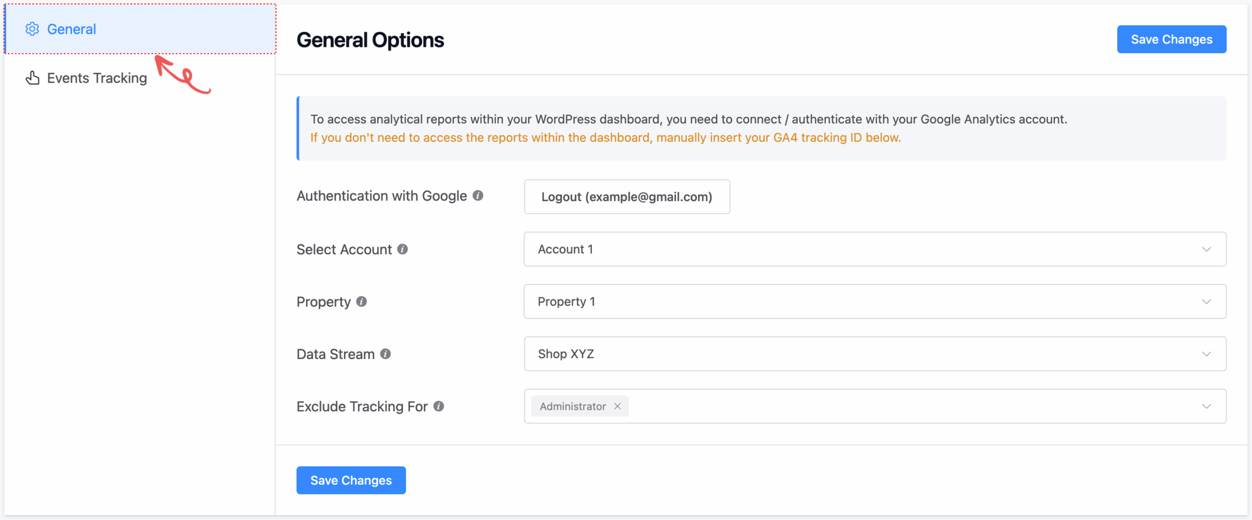 Screenshot of the HT Easy GA4 plugin showing the "General" tab selected in the sidebar, with account authentication, property, and data stream selection fields visible. A red arrow highlights the "General" tab to indicate the current settings section.