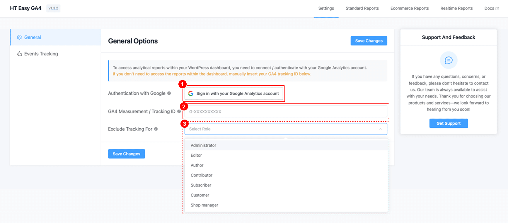 Screenshot of the HT Easy GA4 plugin's General Settings tab showing the Google Analytics integration options including "Sign in with your Google Analytics account," manual GA4 Measurement ID input, and user role-based tracking exclusion dropdown.