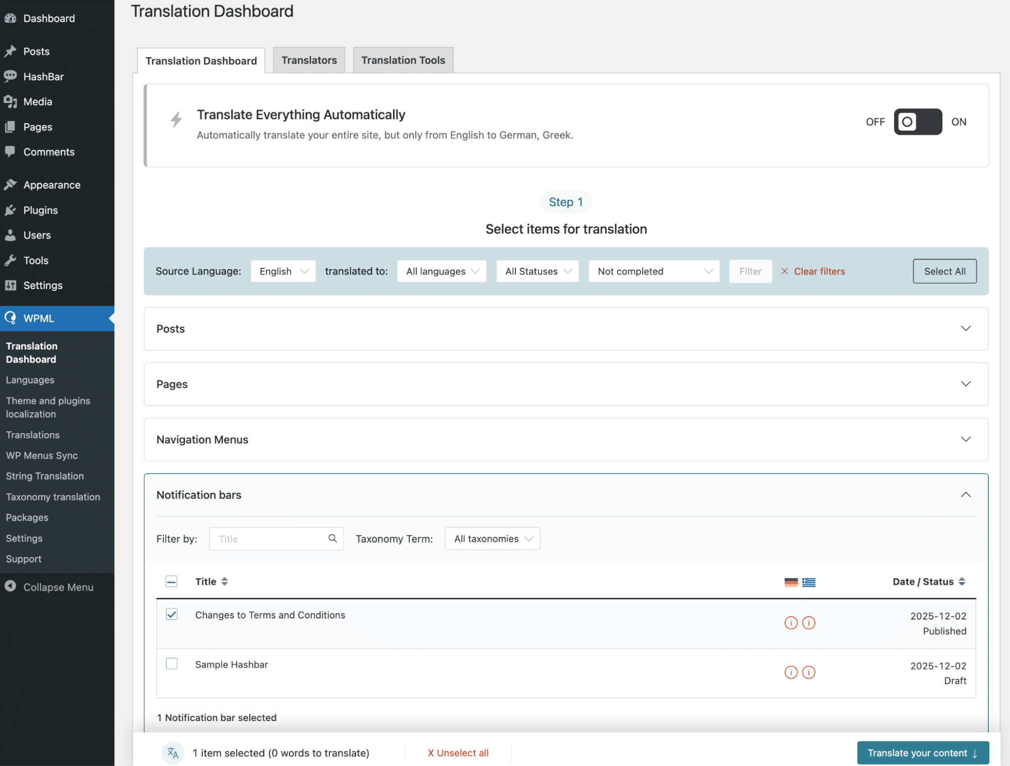 WPML > Translation Dashboard