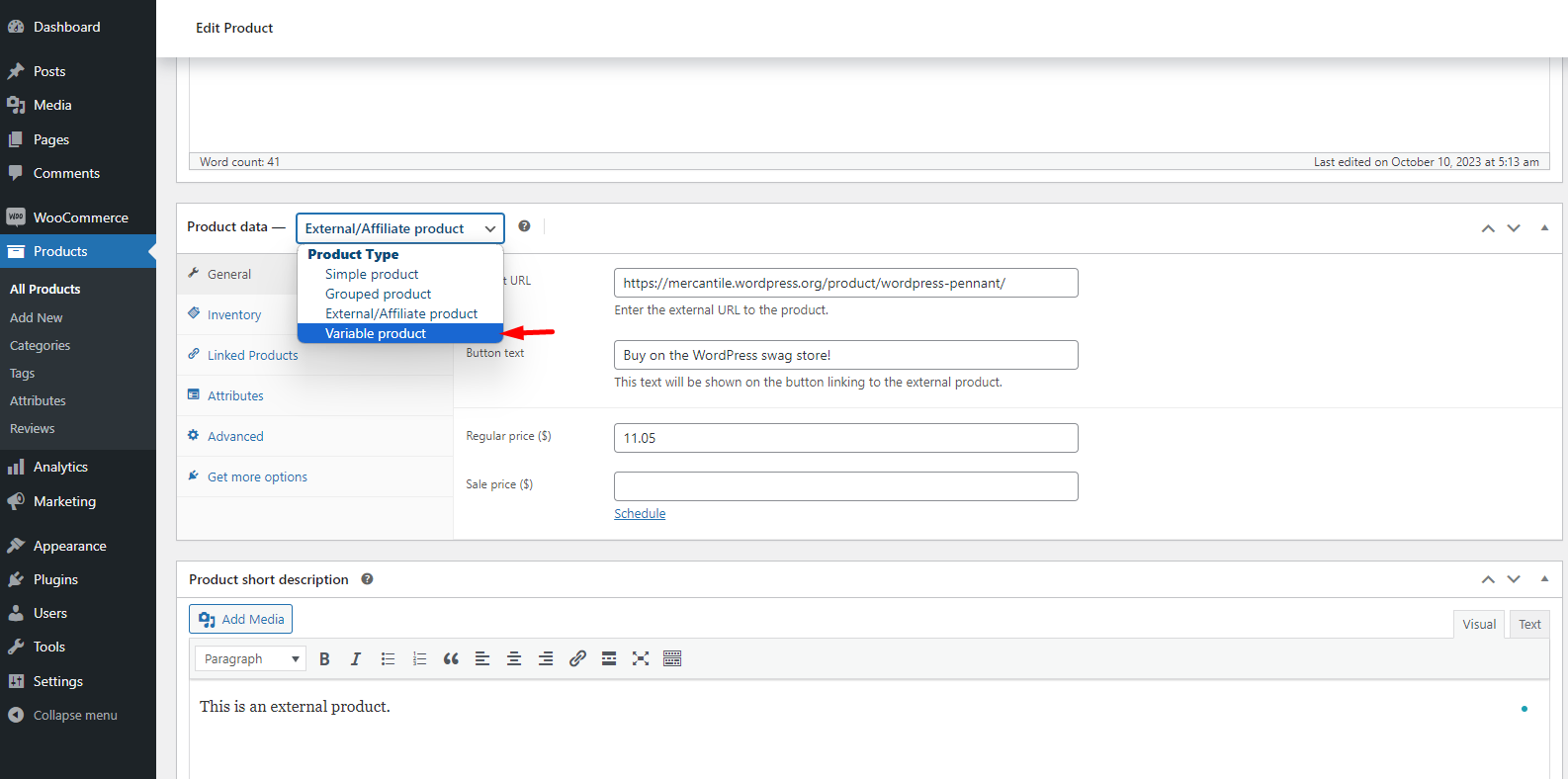 select variable product option