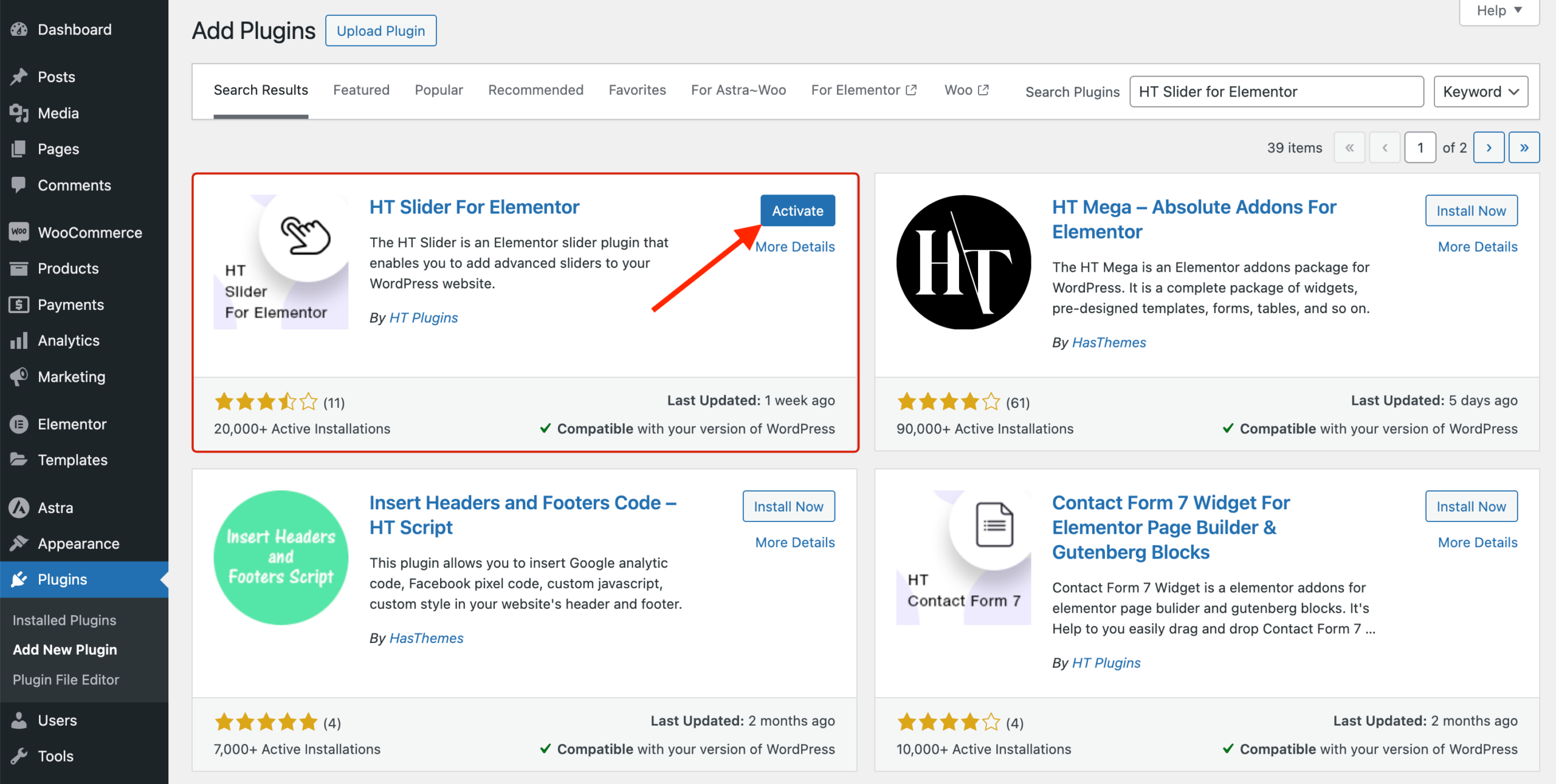 install and activate of the HT Slider Plugin