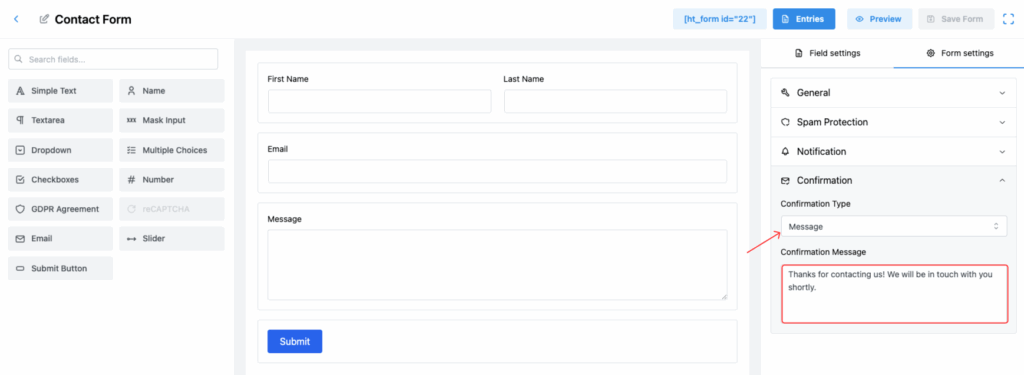 Set up Form Submission Confirmation Message