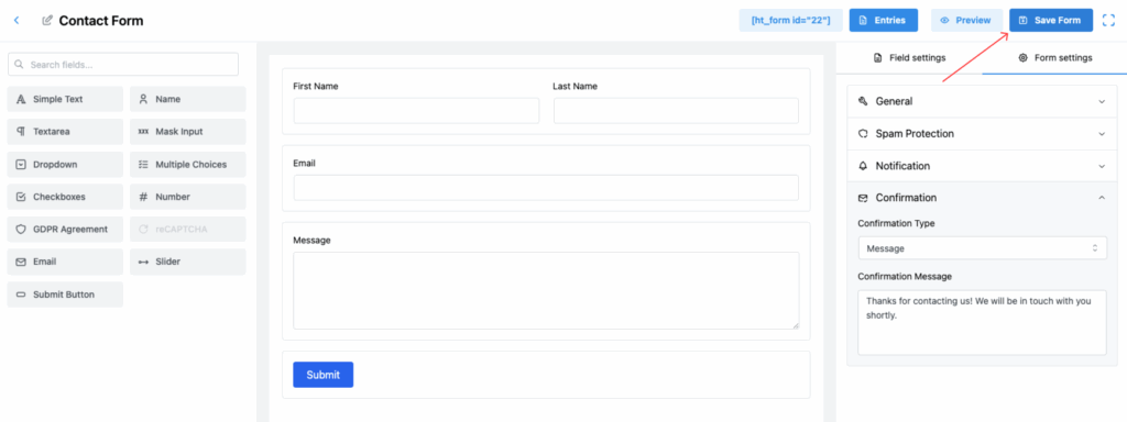Set up Form Submission Confirmation Message