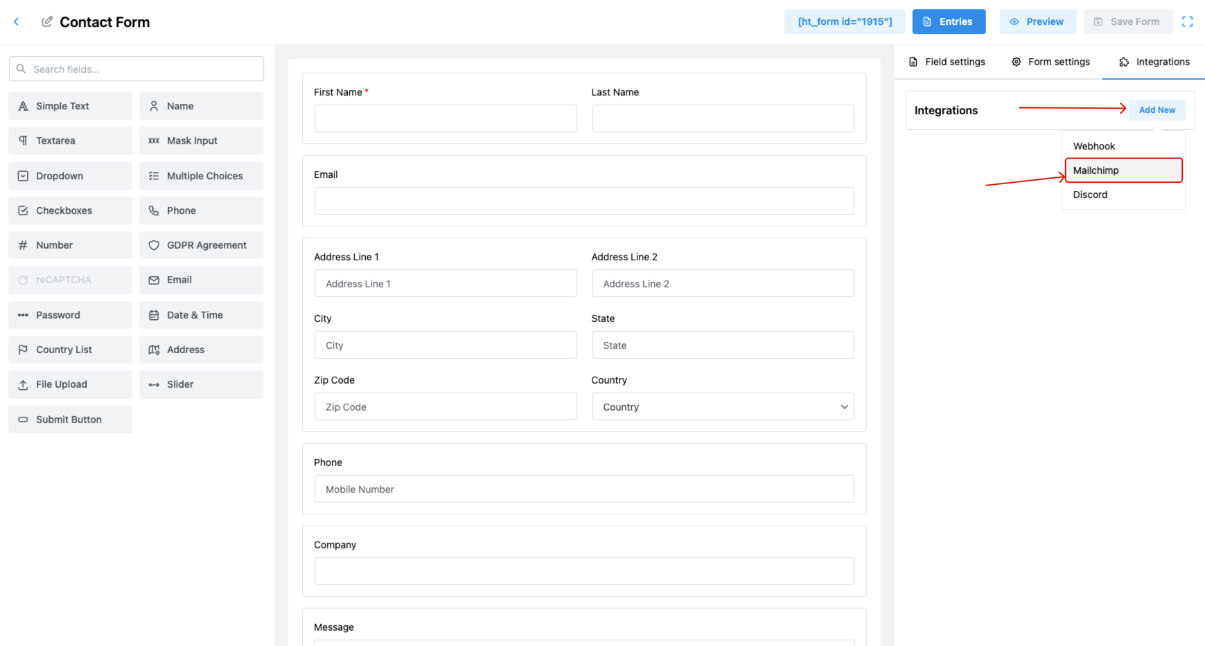 Add Mailchimp to a Specific Form