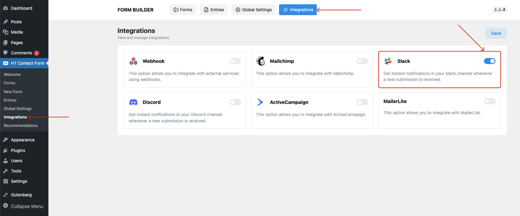 Enable Slack from Integrations
