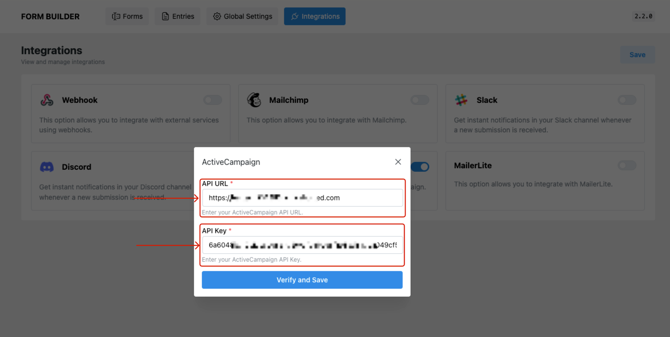 Add API Details in HT Contact Form