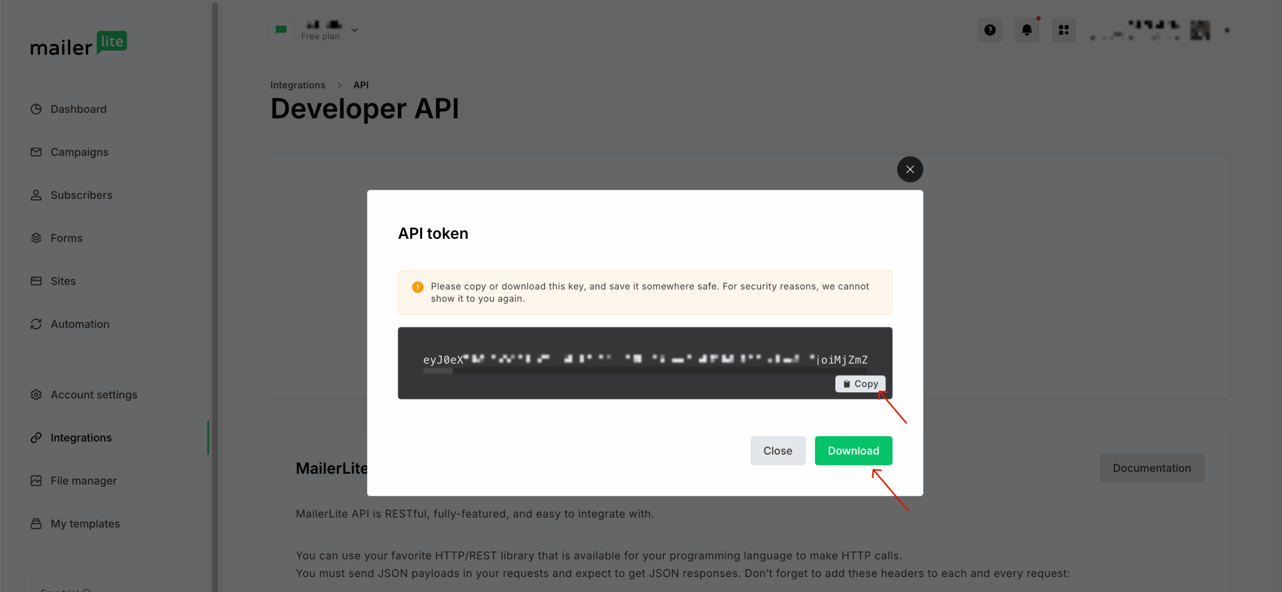 Once the token is generated, copy it. You may also download it for safekeeping.