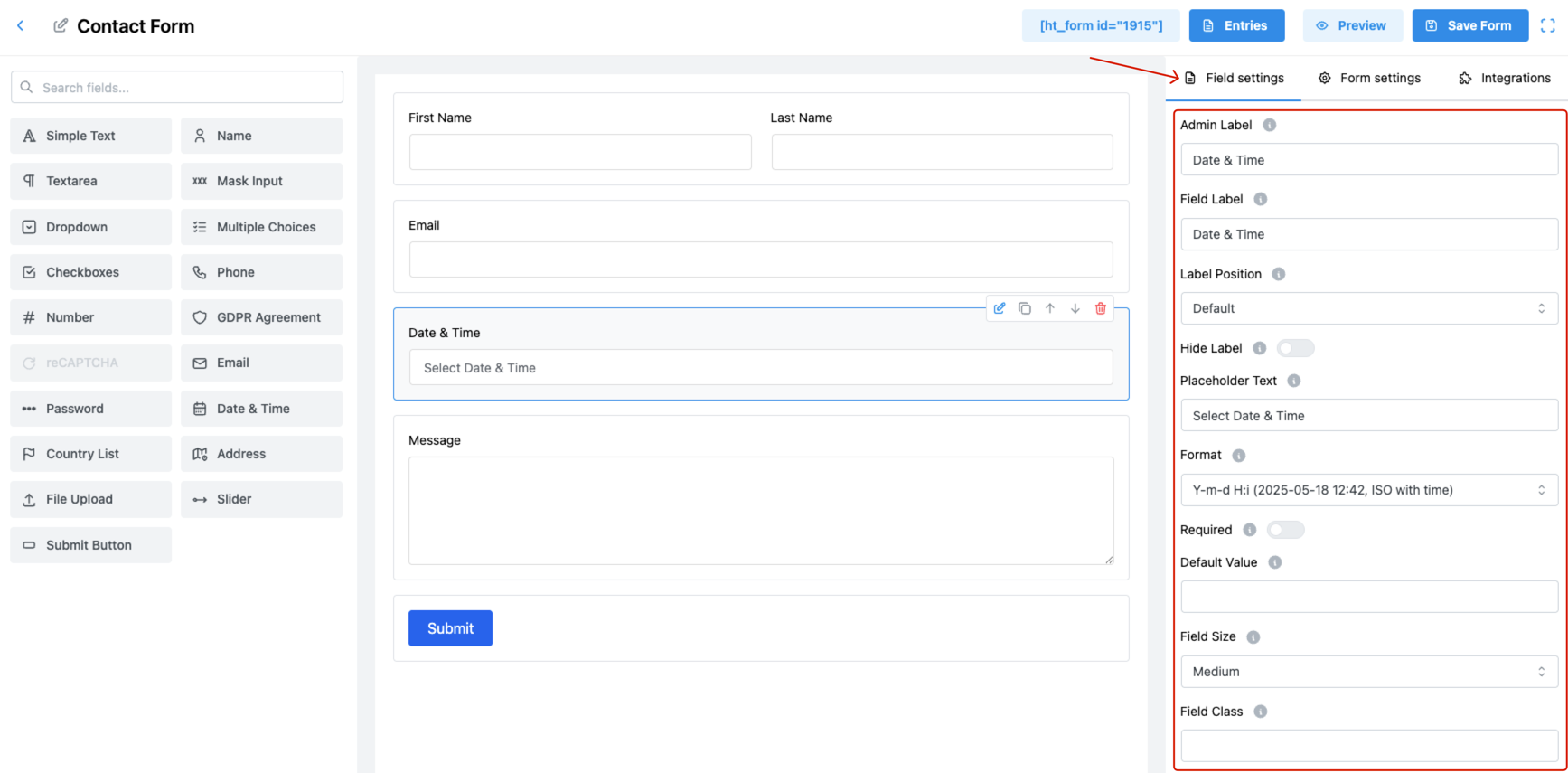 Date & Time Field in HT Contact Forms - HasThemes