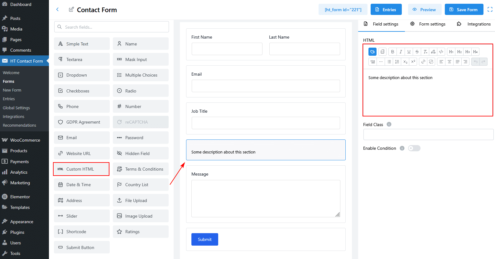 How to Use the Custom HTML Field in HT Contact Form - HasThemes