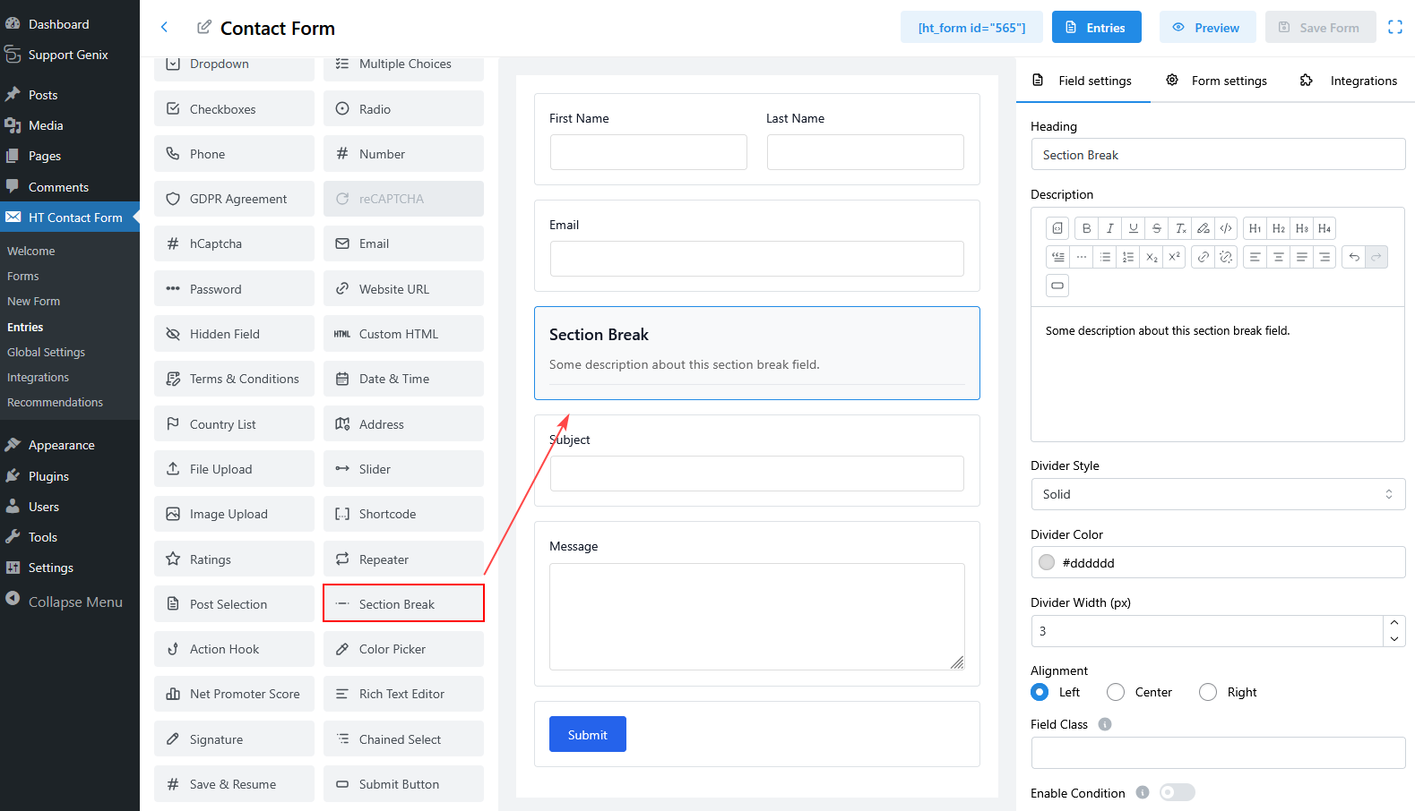 Section Break Field in HT Contact Form - HasThemes