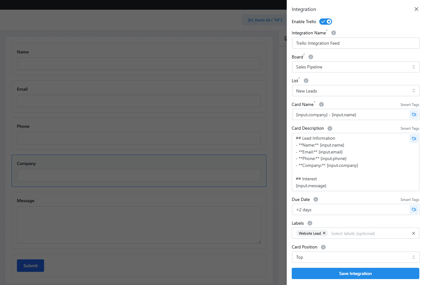 Trello integration in HT Contact form