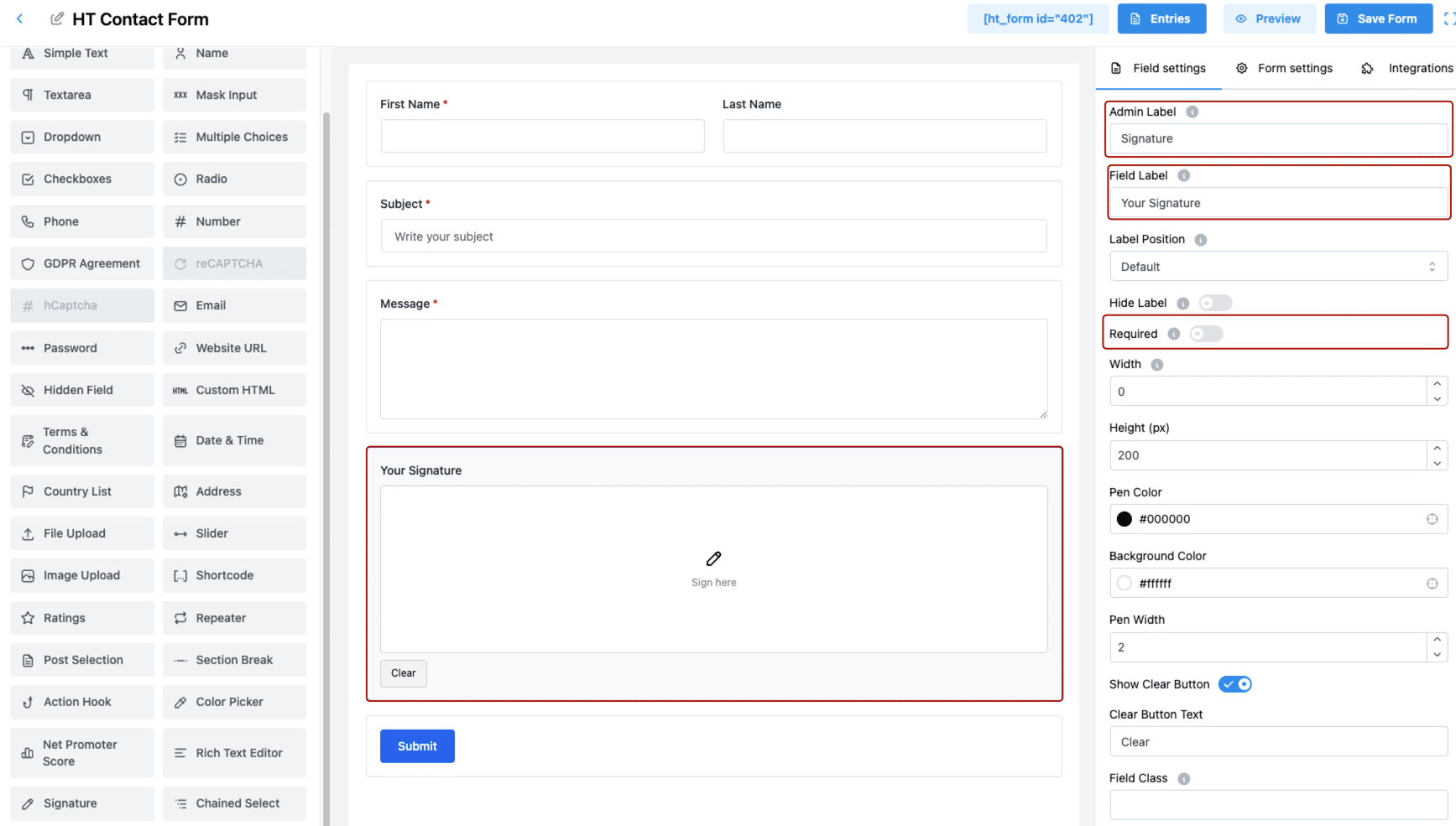 Contact Form Signature Field basic settings in WordPress