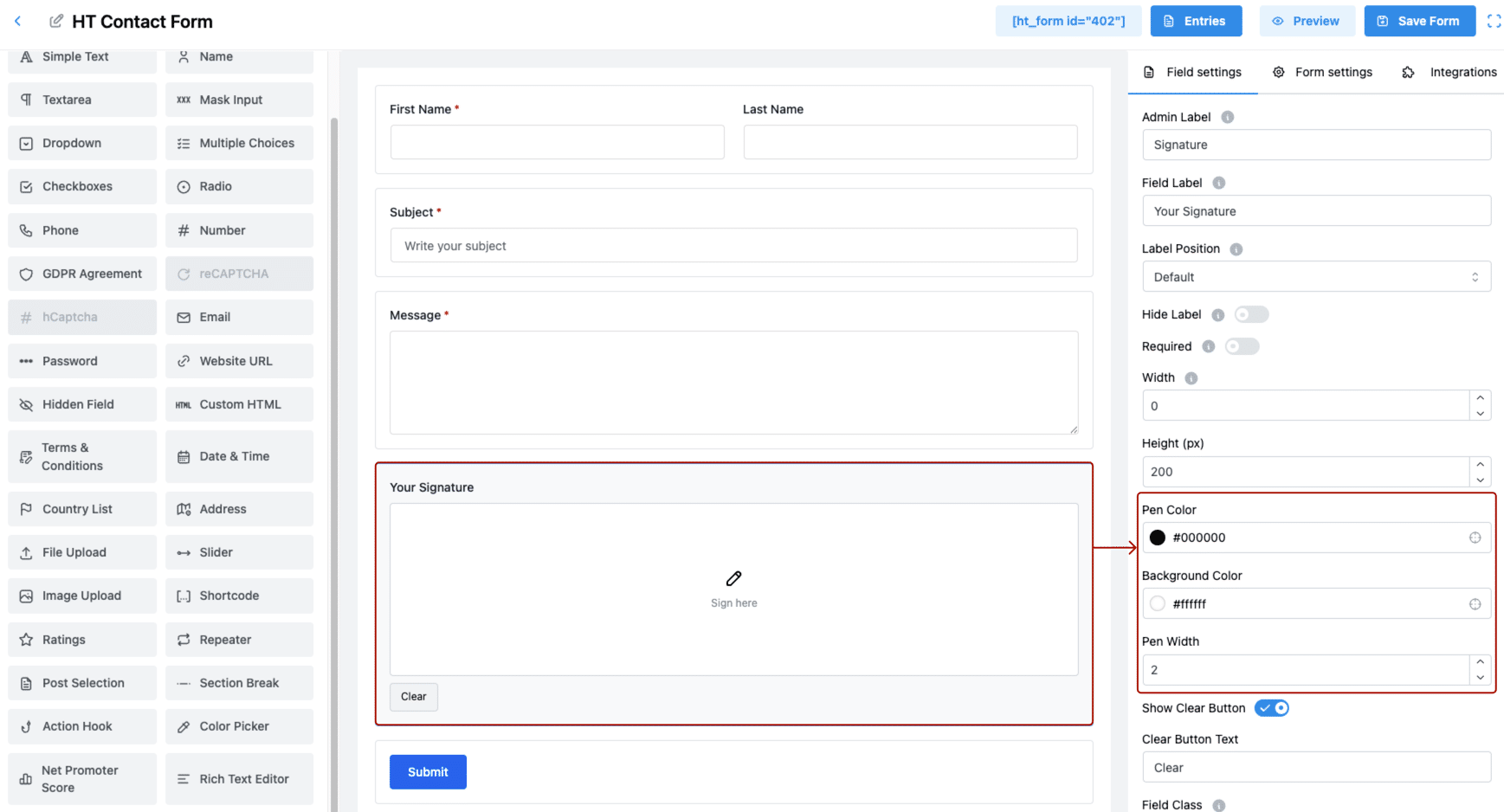 Contact Form Signature Field pen and background customization