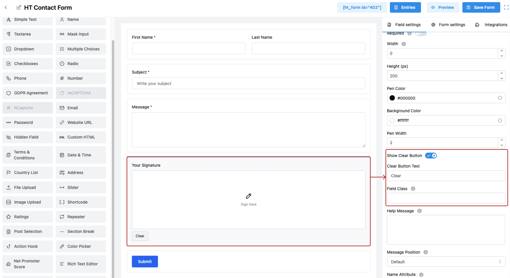 Contact Form Signature Field clear button settings