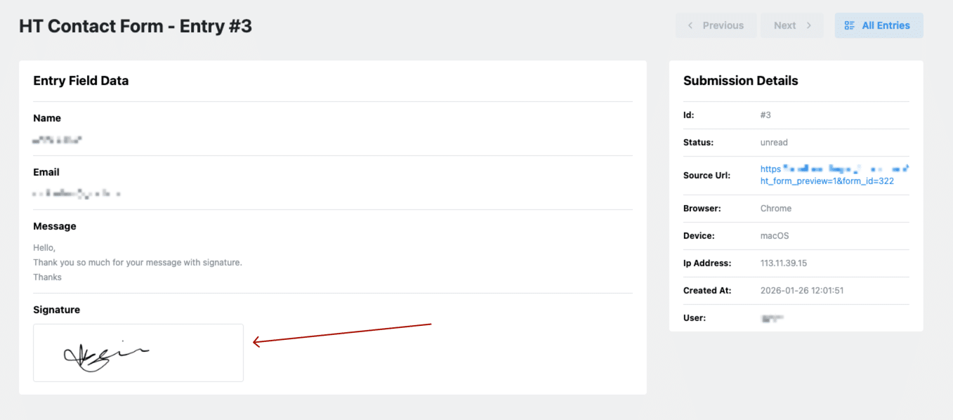 Contact Form Signature Field submission entry preview
