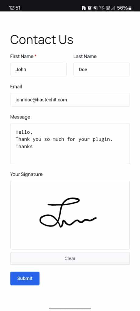 Contact Form Signature Field frontend signature canvas example