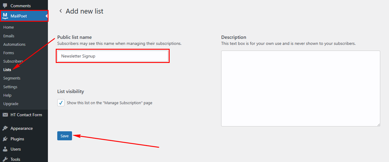 mailpoet list create